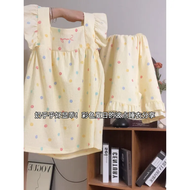 睡衣女夏季薄款小飞袖套装2025新款可爱可外穿网红爆款家居服波点