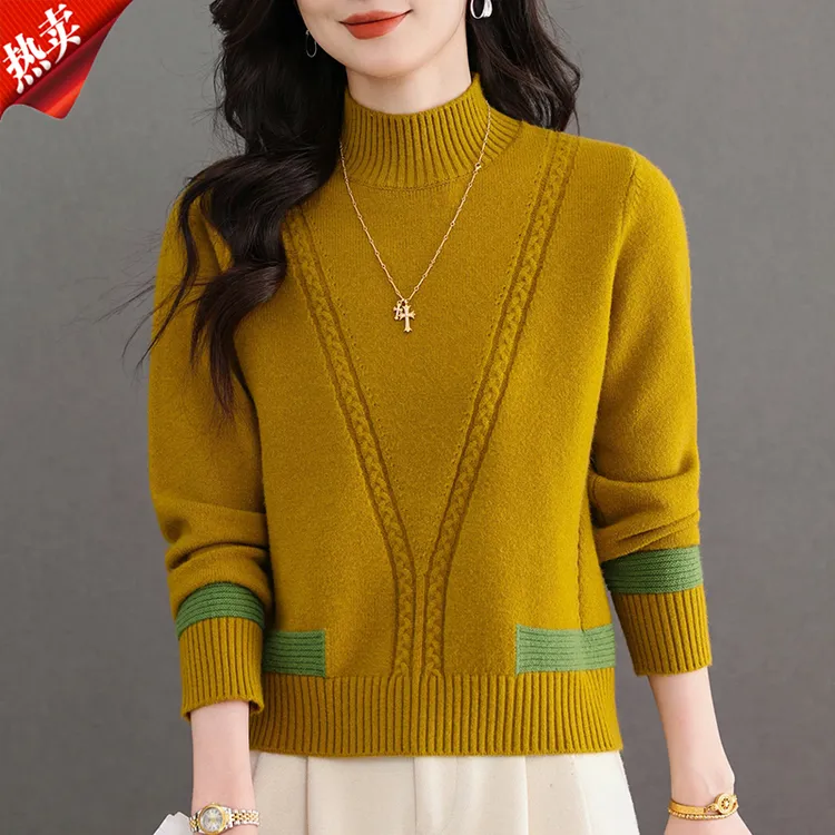 【原版正品】羊毛衫女韩系半高领撞色毛衣加厚针织衫宽松显瘦打底衫