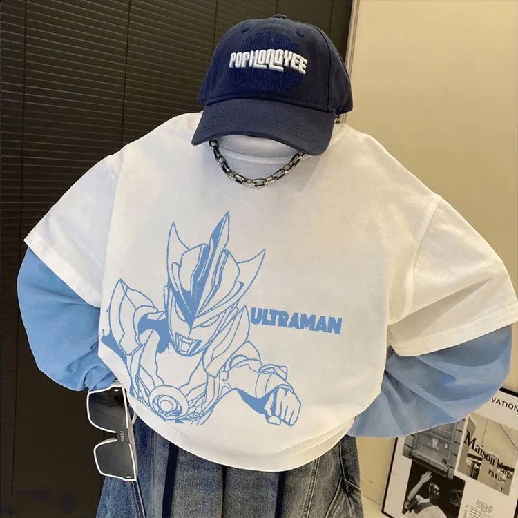 童装春秋新款纯棉长袖假两件男童奥特曼T恤百搭洋气高级时尚上衣t