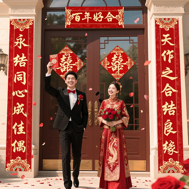 结婚对联自粘男方大门喜字农村婚房布置装饰品女方出嫁入户门喜联