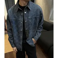 定制面料！牛仔衬衫立体纹理质感水洗做旧翻领长袖牛仔衬衣外套男