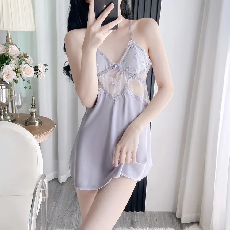 2025年春夏性感爆款吊带冰丝睡衣女带胸垫纯欲蕾丝镂空睡裙高级感
