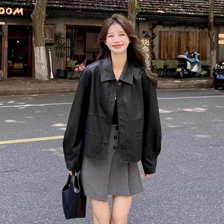 黑色皮衣外套女短款2024新款高级感小个子今年流行港风复古皮夹克