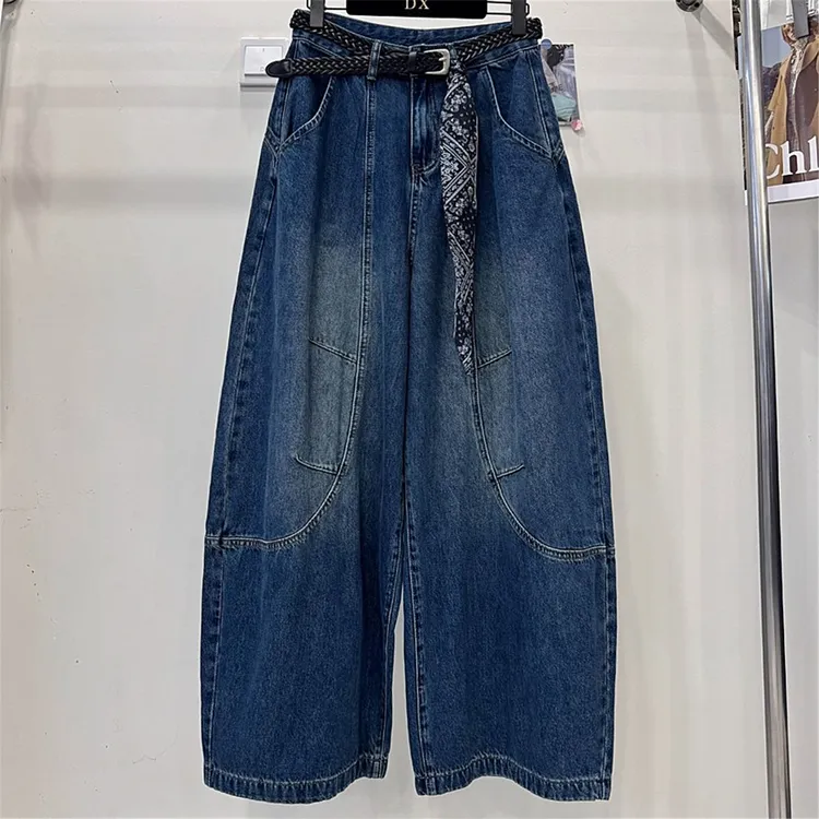 高端欧货2025秋季新款高腰丝巾直筒宽松好看蓝色阔腿牛仔裤女长裤