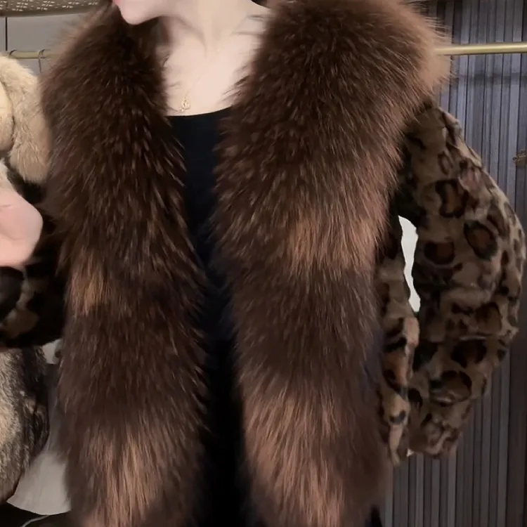 专柜品质-高端水貂毛豹纹毛皮草大衣搭配狐狸毛专柜品质