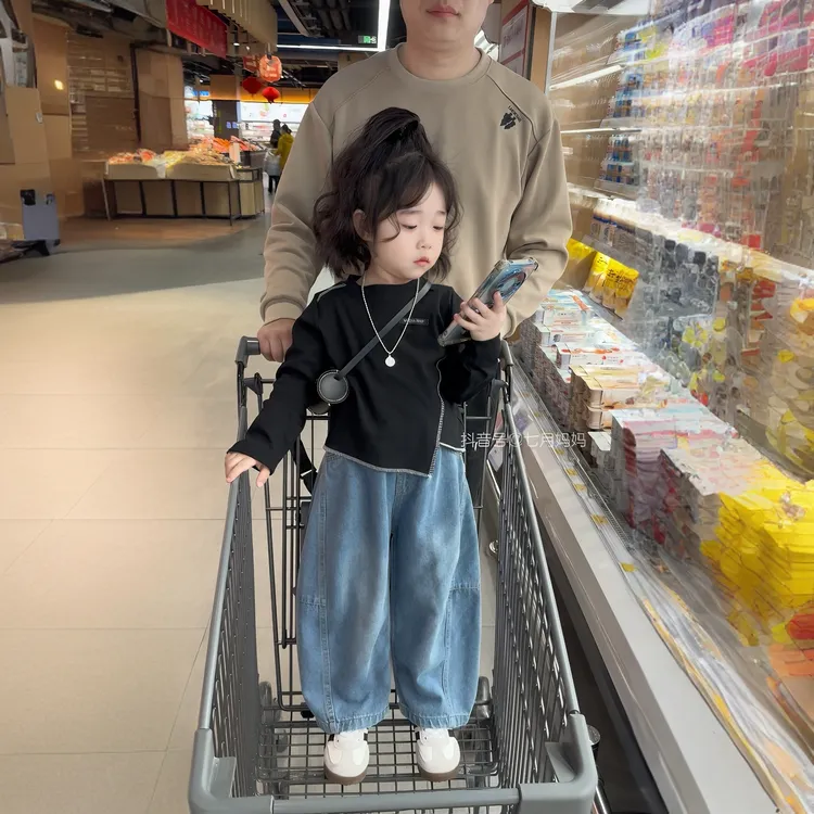 女童打底衫2025春秋新款中小童韩版长袖上衣儿童洋气牛仔裤潮