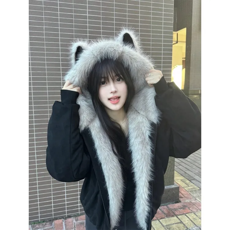 猫耳朵黑色座山雕毛领棉服外套男女冬季加厚保暖棉衣美式短款棉袄
