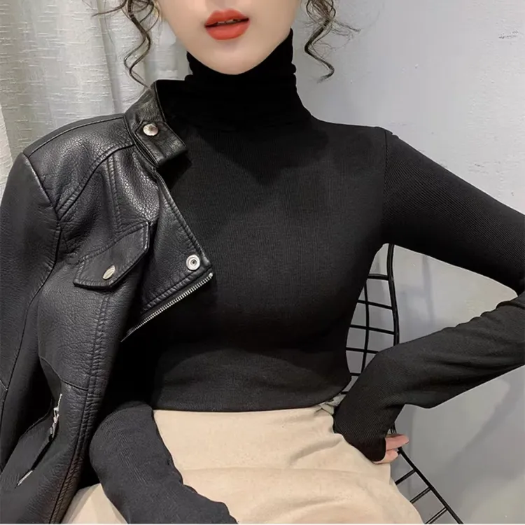 F莫代尔堆堆领高领大码打底衫女秋冬洋气修身百搭内搭长袖上衣T恤