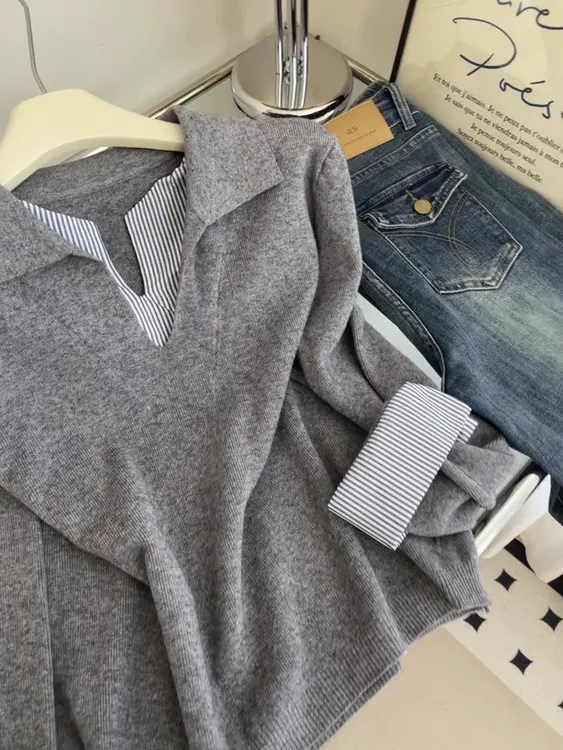 【伦敦漫游】条纹拼接针织衬衫上衣打底衫减龄显瘦高级感气质百搭