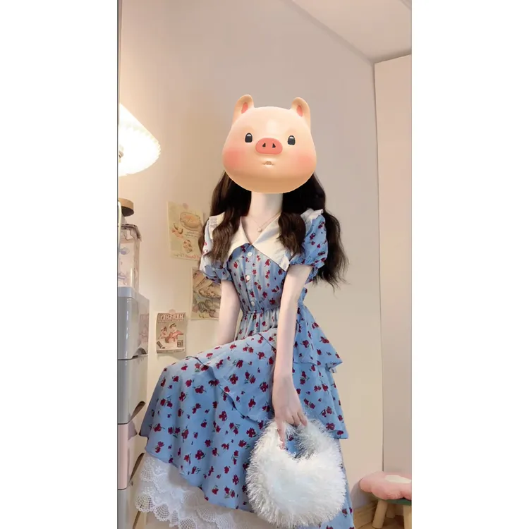 大码女装法式小众碎花雪纺蕾丝拼接假两件蛋糕仙女长裙胖MM