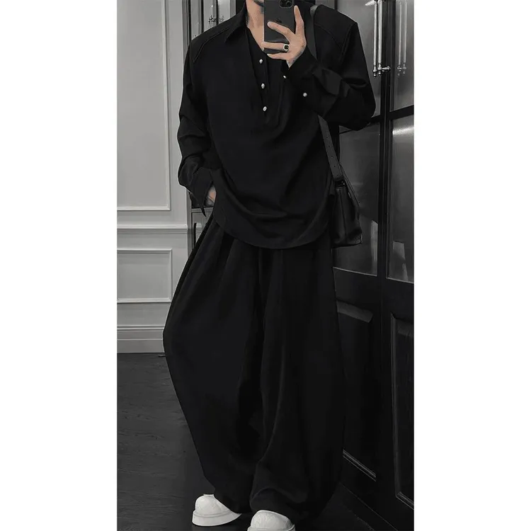 龙刀刀2025春季新品设计师潮款假两件polo衫套装男简约百搭休闲裤