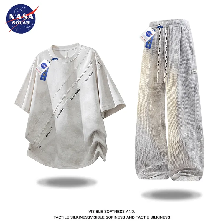 NASA SOLAR男士拼接大码短袖套装夏季潮流百搭宽松透气T恤一整套