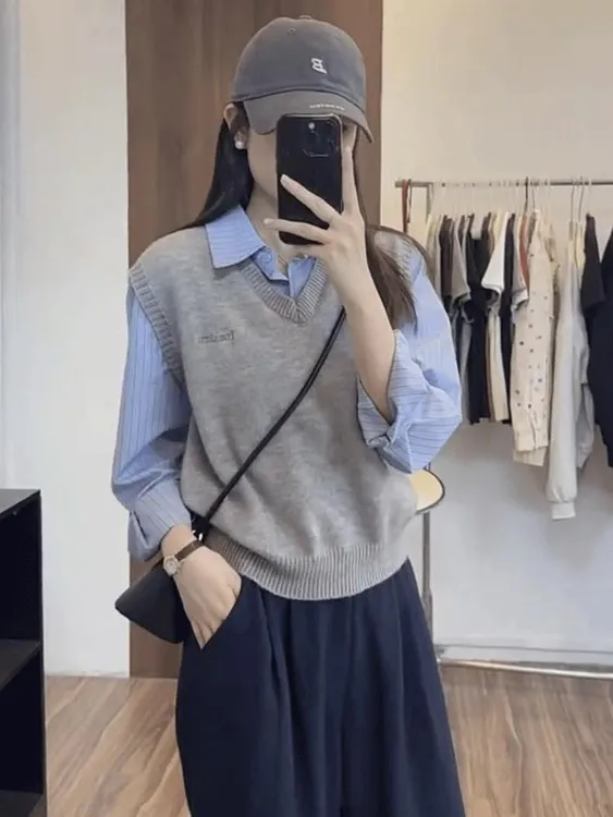 假两件撞色衬衫2025春季新款女装休闲百搭学院风叠穿长袖衬衫上衣