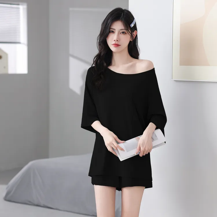 大领口睡衣女莫代尔棉夏季短裤半袖宽松薄款裸感韩版休闲服套装