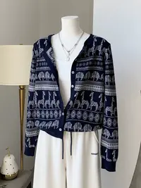 气质民族风！！大象提花条纹设计~品牌订单 重工针织衫Y8273藏青
