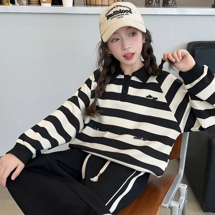 女童春秋polo衫大童洋气韩范翻领条纹卫衣女孩时髦运动阔腿裤套装