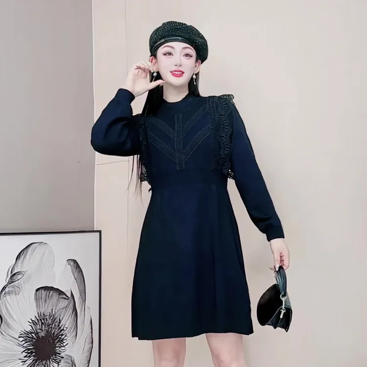 1307秋冬针织连衣裙长袖轻奢大码法式显瘦连衣裙毛衣裙气质百搭