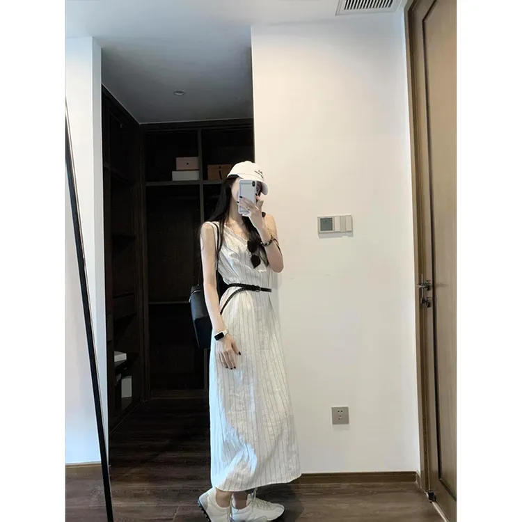 INS CEC网红时尚复古法式连衣裙套头背带款气质显瘦休闲夏季长裙