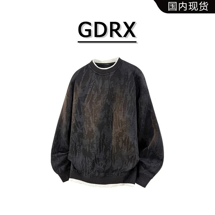 GDRX美式扎染假两件男士卫衣2025秋季新款宽松大码长袖时尚上衣