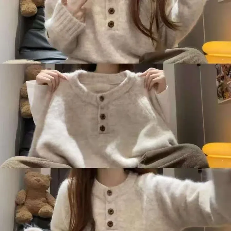 韩版懒惰风外传圆领短款毛衣开衫冬款设计纽扣小众气质针织衫