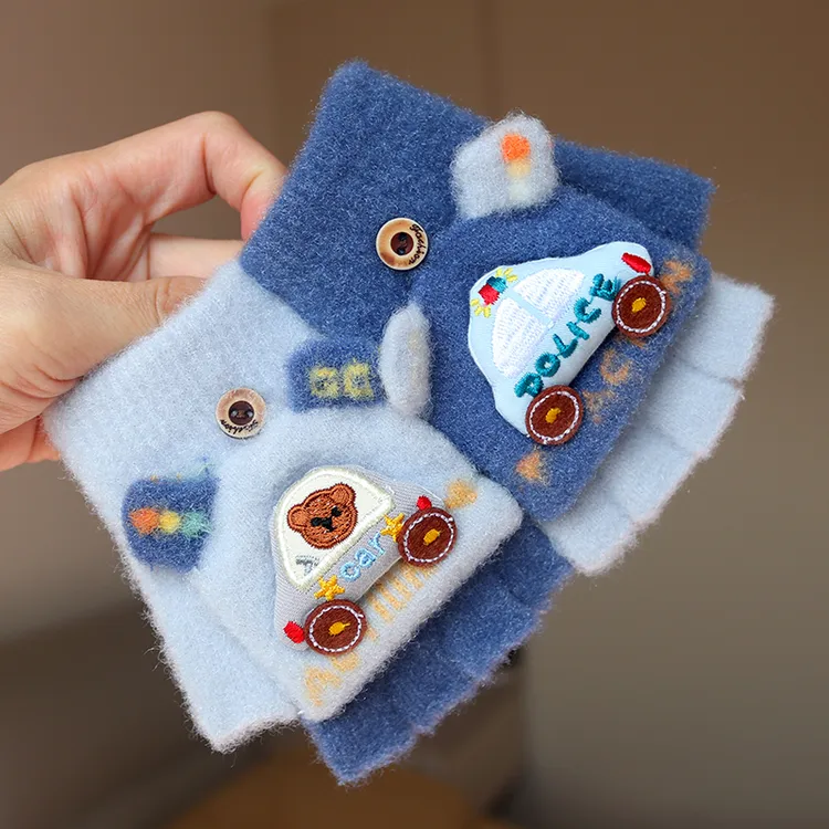 冬季半指保暖卡通翻盖手套小童宝宝男童写字防寒五指幼儿园2-7岁