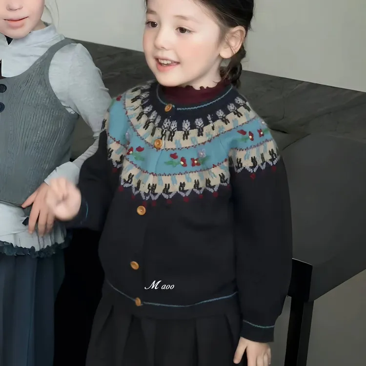 2025秋冬费尔岛毛衣儿童秋款加厚女童洋气百搭针织开衫女童毛衣