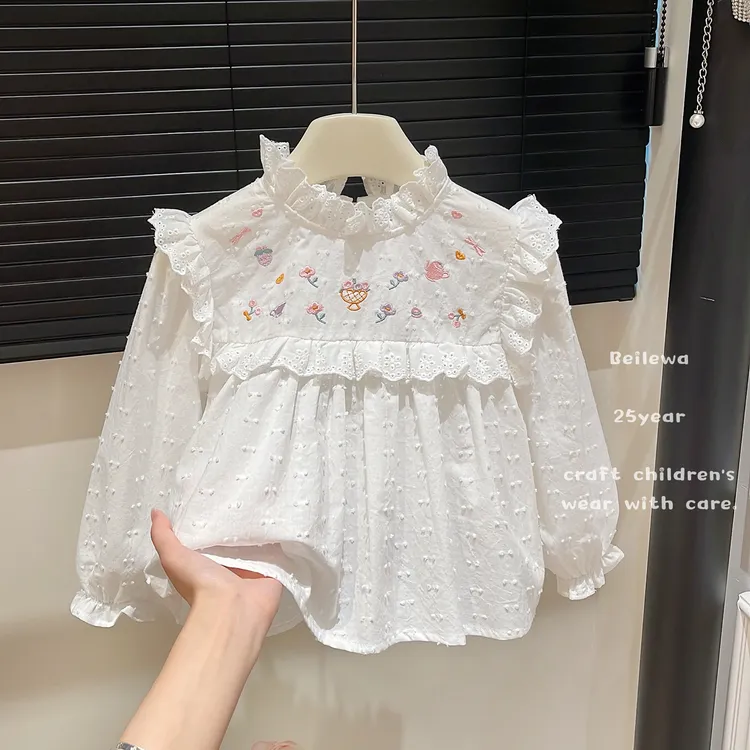纯棉女童新款娃娃衫女宝宝衬衫衬衣儿童秋款上衣白色蕾丝卡通小花