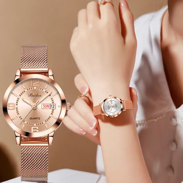 送老婆女表送礼物女士手表气质休闲时尚双日历网带夜光防水石英表
