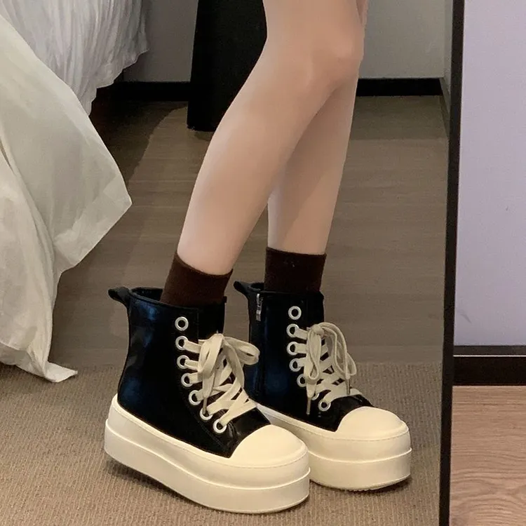 网红同款厚底增高高帮板鞋女2025秋冬季爆款休闲风侧拉链街拍潮鞋