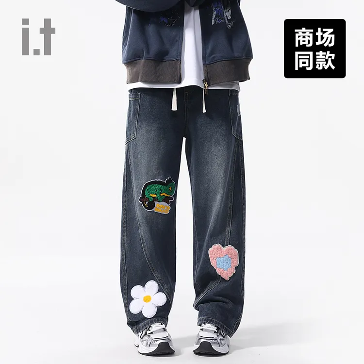 I.T潮牌CHOCOOLATE新款2025蓝灰色休闲裤男爱心绣花个性牛仔裤女