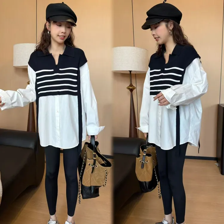 二姐的宝藏早秋新款设计感针织拼接假两件长袖衬衫#25310