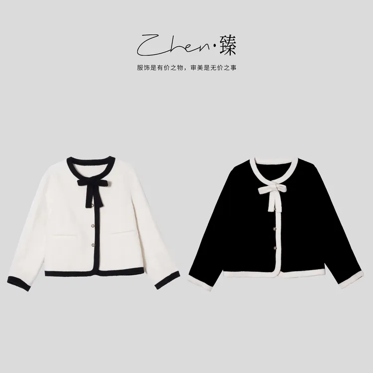 ZHEN.臻小香风撞色蝴蝶结绵羊毛羊驼毛秋冬厚款双面呢外套WT8994Z