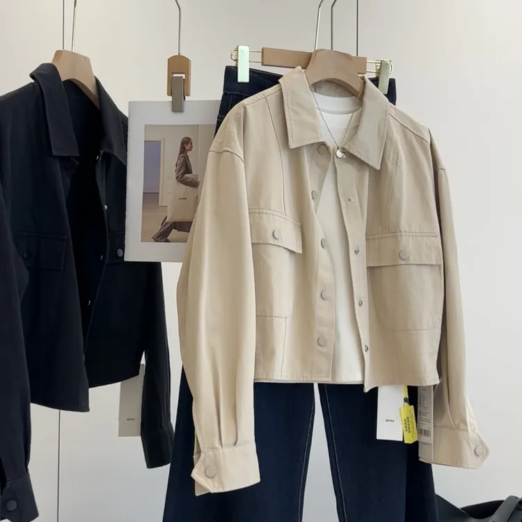 高质莼棉！版型正透气舒适 翻领按扣下摆圆弧短款工装夹克衬衫