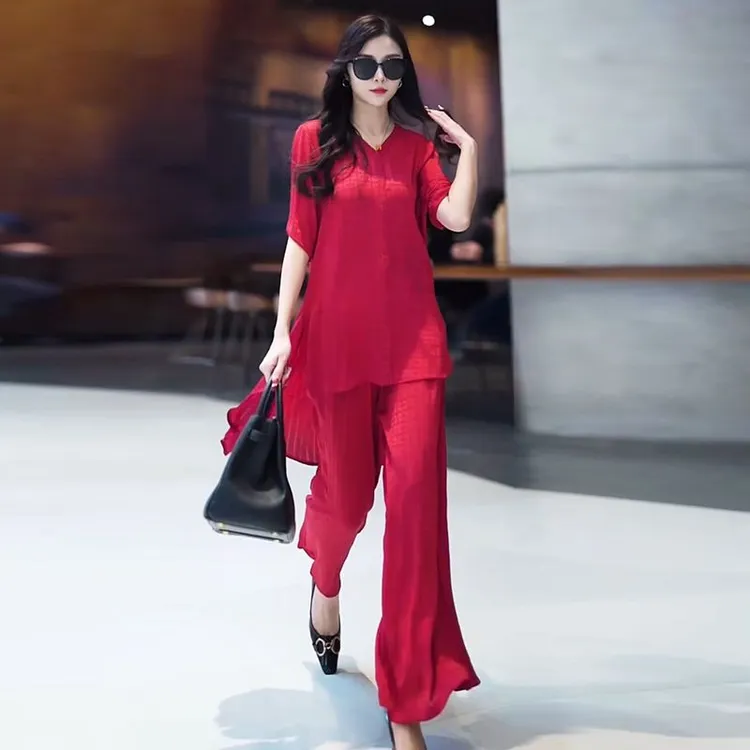 H夏季上新复古大码高级感醋酸V领中长款上衣宽松阔腿裤显瘦两件套