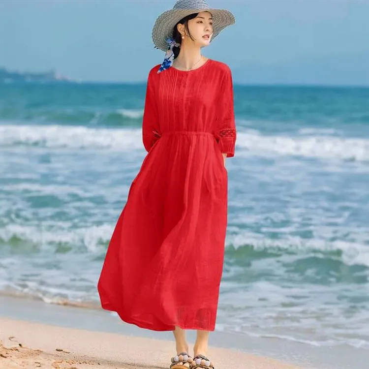 1001号 2024大码春夏新款圆领飘逸天丝麻棉麻度假风仙女长款大摆