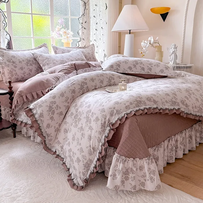 新款A类双层刺绣花边法式床盖款棉麻四件套韩版风