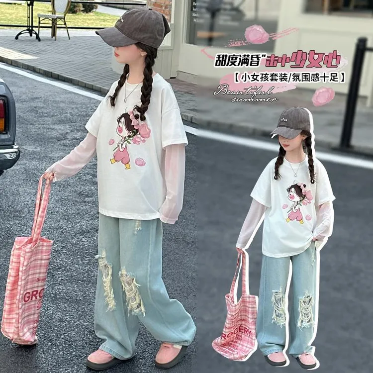 女童春夏季T恤2025新款假两件短袖女孩时髦长袖防晒打底衫上衣潮