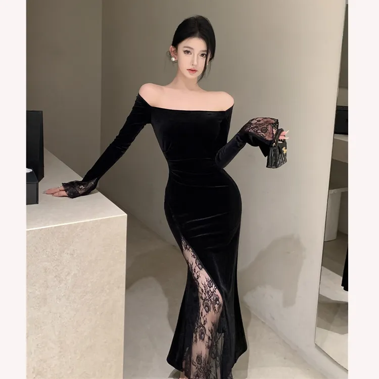 法式气质长袖丝绒一字肩连衣裙女秋冬季高级性感包臀鱼尾长裙礼服