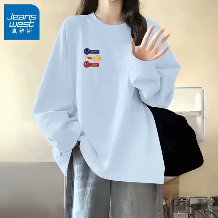 真维斯蓝色新款早秋纯棉长袖T恤女2026秋季薄款透气圆领小众上衣