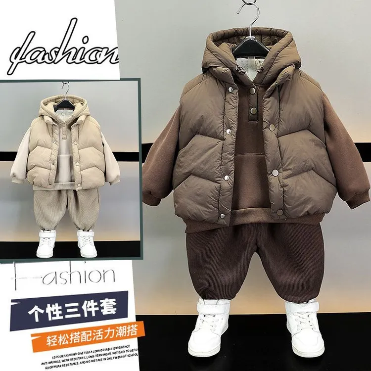 男童冬季套装新款儿童洋气加绒加厚冬装宝宝韩版马甲三件套潮