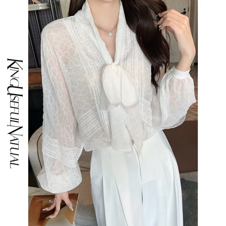 KUN【智媛oni】仙气美感 定制蕾丝拼轻复古蝴蝶结长袖白色衬衫上衣