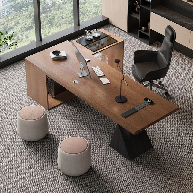 实木办公桌茶桌一体两用大班台办公室老板桌书桌轻奢高级感中式