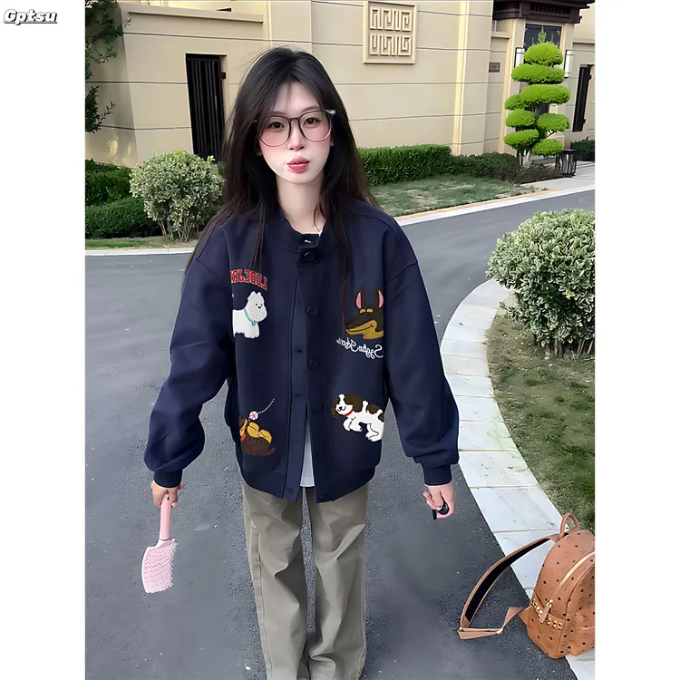GPTSu美式小狗刺绣外套女2025年新款秋冬季宽松百搭休闲开衫外套