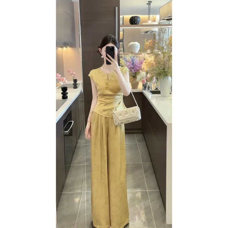 2025新款夏季国风缎面提花气质修身时尚复古收腰显瘦上衣裤子