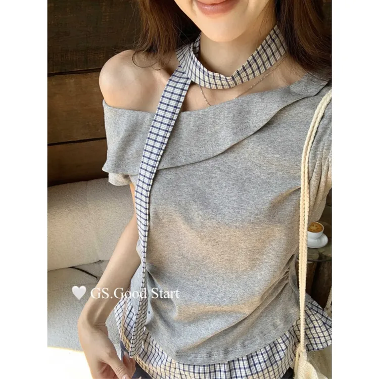 START博主穿搭韩系ins气质格纹拼接斜肩假两件显瘦小衫(配飘带)