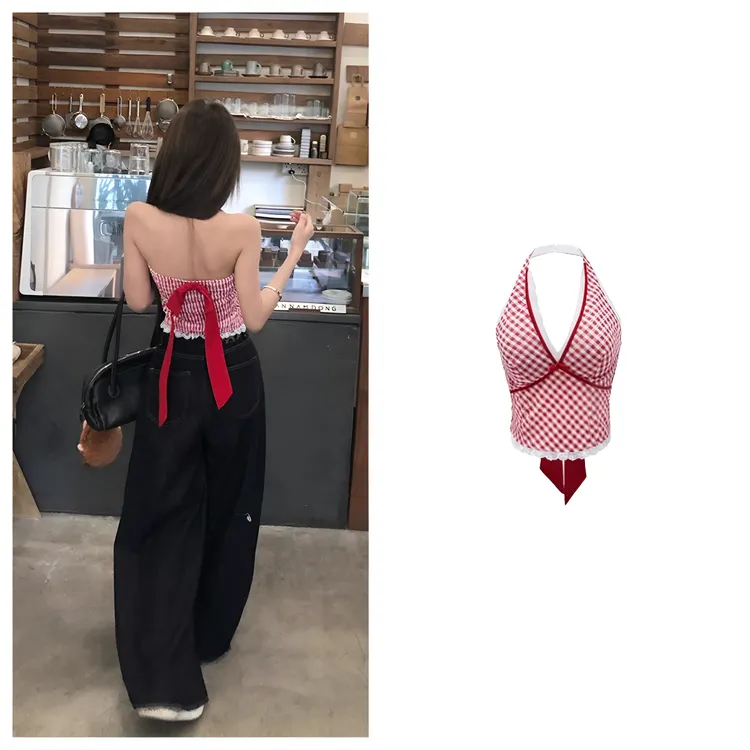 甜辣妹设计感蕾丝格子吊带背心女2025春夏季修身显瘦挂脖露背上衣