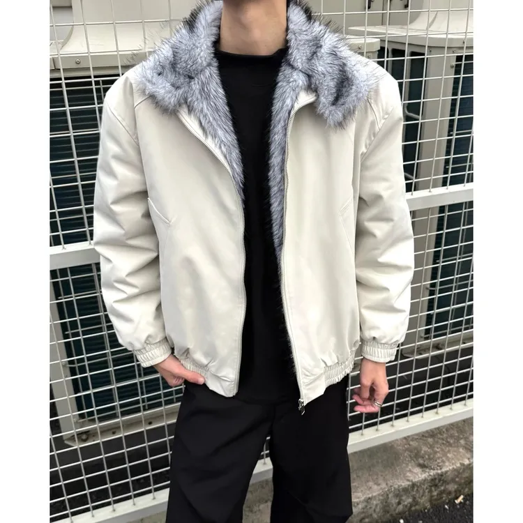 LIGGICC白色狼王座山雕棉服立领外套男宽松加厚棉衣冬季毛领夹克