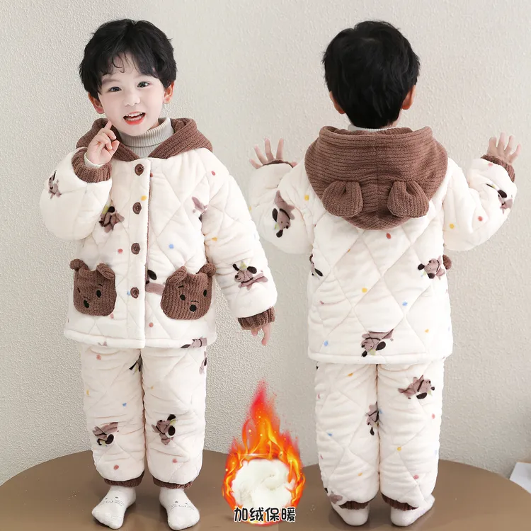 儿童珊瑚绒睡衣冬季新款男童三层夹棉套装宝宝加厚棉衣连帽家居服