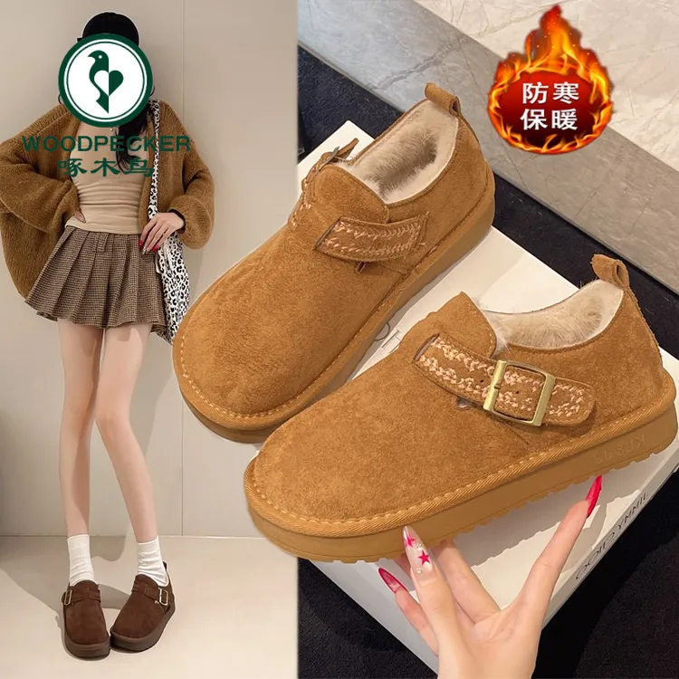 啄木鸟厚底勃肯鞋女爆款2025秋冬季新款一脚蹬加绒棉鞋百搭雪地鞋