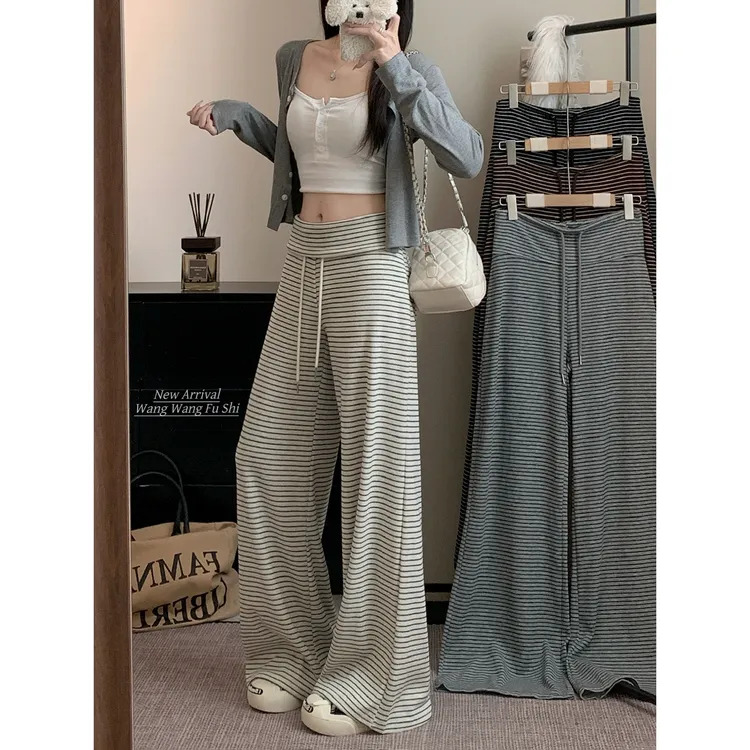 松弛慵懒风高腰条纹阔腿裤女秋季休闲裤绑带两穿复古港风直筒裤子